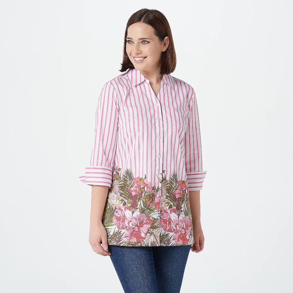 Women's Button Front Tunic w/ Border Print - Picture 1 of 5